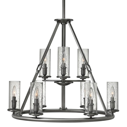 Dakota Collection 9-Light Foyer Pendant in Polished Antique Nickel with Clear Seedy Glass Cylinder Shade