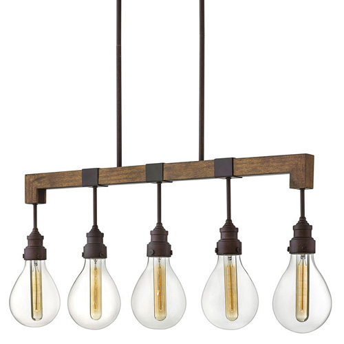Denton Collection 5-Light Linear Chandelier in Industrial Iron with Vintage Walnut Accents and Clear Glass Shades