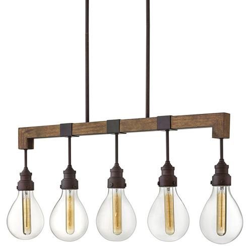 Denton Collection 5-Light Linear Chandelier in Industrial Iron with Vintage Walnut Accents and Clear Glass Shades