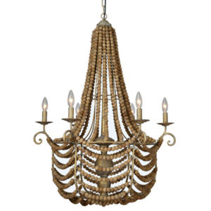 Elsmere Collection 6-Light Chandelier in Textured Gold with French Pine Colored Wooden Bead Strands FORTY WEST 70606