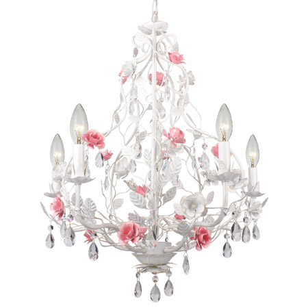 Lola Collection 5-Light Chandelier in Wet White with Soft Pink Flowers and Faceted Crystal Jewels Crystorama 4856-WW