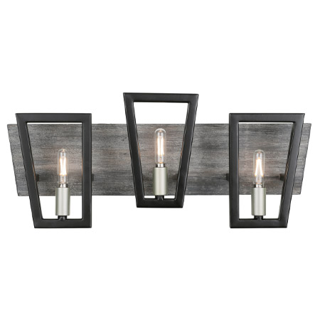 Zag Collection 3-Light Bath Vanity in Black with Distressed Gray Wood Backplate and Brushed Silver Accents Varaluz 260B03BLG
