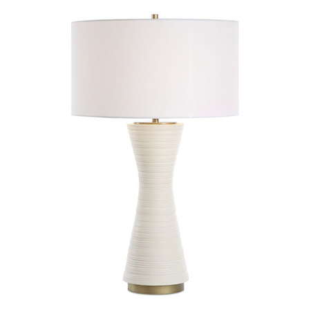 Ridgeline Collection 1-Light Table Lamp with Textured Warm White Base with Brass Accents and Round Hardback White Linen Shade Uttermost 30482