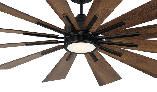Farmhouse Collection 60” 12-Blade Ceiling Fan in Matte Black with Antique Oak Blades and White Frosted LED Glass Light Meridian M2024MBK