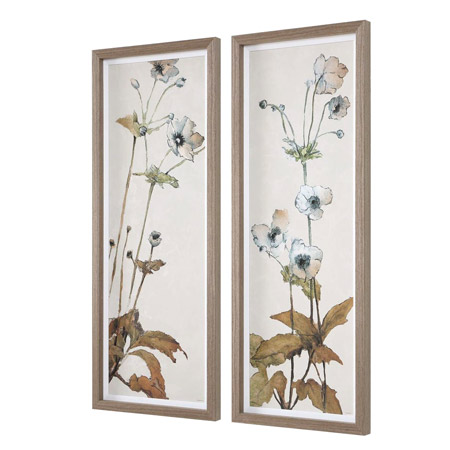 Garden Study Collection Set of 2 Framed Prints with Watercolor Style Florals in Light Blue, Pale Peach, Olive Green in Light Oak Frames Uttermost 32547